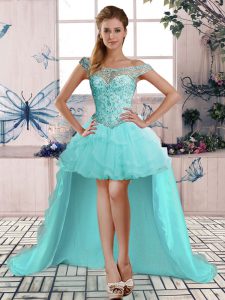 New Style Aqua Blue Sleeveless Tulle Lace Up Formal Evening Gowns for Prom and Party