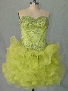 Excellent Yellow Green Organza Lace Up Prom Dress Sleeveless Mini Length Beading and Ruffles