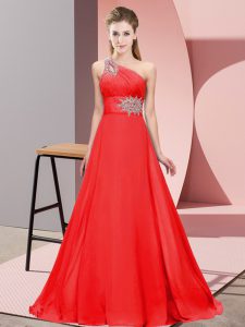 Spectacular Sleeveless Chiffon Brush Train Lace Up Evening Dress in Red with Beading