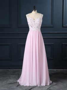 Beading and Lace Prom Gown Baby Pink Backless Cap Sleeves Floor Length