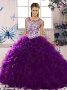 Elegant Organza Scoop Sleeveless Lace Up Beading and Ruffles Quinceanera Gown in Purple