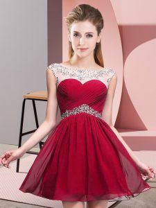 Unique Red Sleeveless Beading and Ruching Mini Length Evening Dress