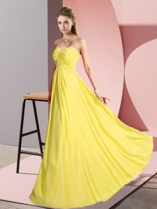 Fashionable Yellow Chiffon Lace Up Prom Dresses Sleeveless Floor Length Ruching