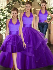 Purple Halter Top Neckline Ruffles Sweet 16 Dress Sleeveless Lace Up
