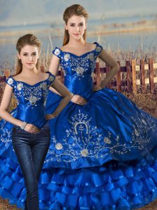 Elegant Royal Blue Sleeveless Floor Length Embroidery and Ruffled Layers Lace Up Sweet 16 Quinceanera Dress