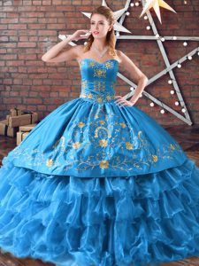 Blue Satin and Organza Lace Up 15 Quinceanera Dress Sleeveless Floor Length Embroidery and Ruffled Layers