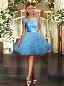 Top Selling Light Blue Tulle Backless Prom Dress Sleeveless Mini Length Lace and Ruffles