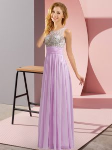 High Class Lavender Chiffon Side Zipper Dama Dress for Quinceanera Sleeveless Floor Length Beading