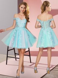 Comfortable Lace Dama Dress Aqua Blue Zipper Sleeveless Mini Length