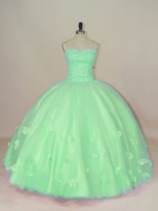 Green Ball Gowns Sweetheart Sleeveless Tulle Floor Length Lace Up Hand Made Flower Quince Ball Gowns