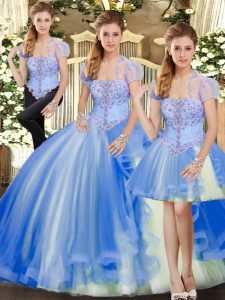 Dramatic Sleeveless Floor Length Beading and Ruffles Lace Up Quinceanera Gown with Blue