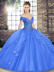Blue Off The Shoulder Neckline Beading and Ruffles Ball Gown Prom Dress Sleeveless Lace Up