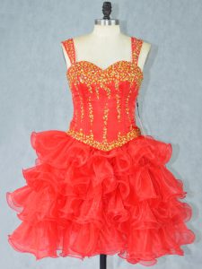 Spectacular Red Ball Gowns Organza Straps Sleeveless Beading and Ruffled Layers Mini Length Lace Up Prom Dresses