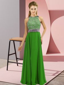 Green Chiffon Side Zipper Prom Dresses Sleeveless Floor Length Beading