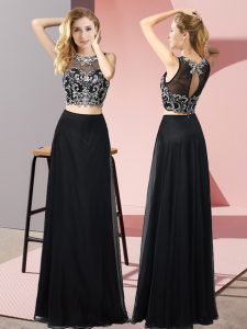 Black Chiffon Backless Prom Party Dress Sleeveless Floor Length Beading