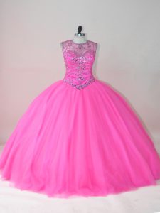 Customized Rose Pink Scoop Neckline Beading Vestidos de Quinceanera Sleeveless Lace Up