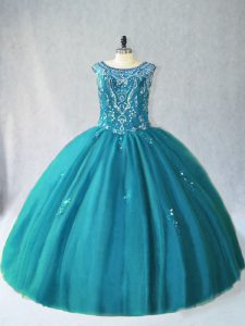 Teal Scoop Neckline Beading Quinceanera Gowns Sleeveless Lace Up