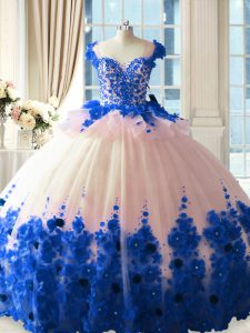 Blue And White Scoop Zipper Hand Made Flower Vestidos de Quinceanera Brush Train Sleeveless