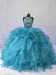 Stylish Teal Two Pieces Beading and Ruffles Quince Ball Gowns Backless Organza Sleeveless Floor Length
