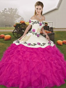 Luxury Fuchsia Organza Lace Up Off The Shoulder Sleeveless Floor Length Quinceanera Dress Embroidery and Ruffles