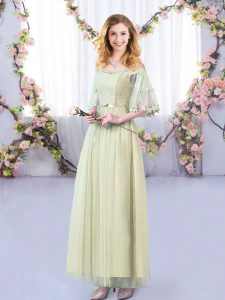 Off The Shoulder Half Sleeves Side Zipper Damas Dress Yellow Green Tulle