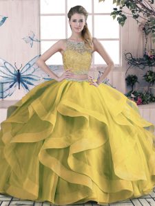 Luxury Olive Green Ball Gowns Scoop Sleeveless Tulle Floor Length Lace Up Beading and Ruffles 15th Birthday Dress