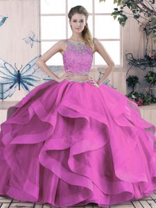 Lilac Lace Up Scoop Beading and Lace and Ruffles Quinceanera Gowns Tulle Sleeveless