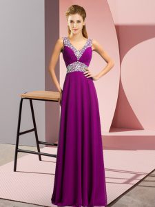 Colorful V-neck Sleeveless Prom Gown Floor Length Beading Purple Chiffon