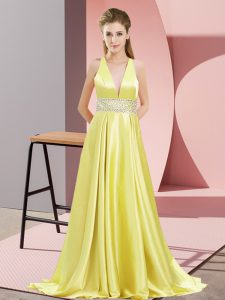 Elegant Sleeveless Elastic Woven Satin Brush Train Backless Prom Gown in Yellow with Beading