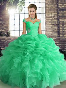 Dazzling Turquoise Sweet 16 Dress Party and Military Ball and Sweet 16 and Quinceanera with Beading and Ruffles and Pick Ups Off The Shoulder Sleeveless Lace Up