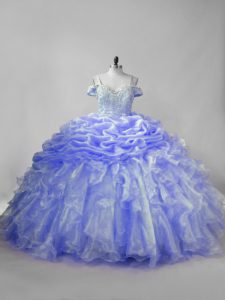 Sleeveless Beading and Ruffles and Pick Ups Lace Up 15th Birthday Dress with Lavender and Purple Brush Train