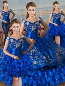 Super Satin and Organza Off The Shoulder Sleeveless Lace Up Embroidery and Ruffled Layers 15th Birthday Dress in Royal Blue