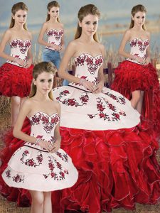 Sleeveless Organza Floor Length Lace Up Sweet 16 Dresses in White And Red with Embroidery and Ruffles and Bowknot