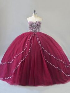 Glamorous Ball Gowns Sleeveless Burgundy Ball Gown Prom Dress Brush Train Lace Up