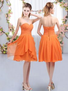 Knee Length Lace Up Dama Dress for Quinceanera Orange for Wedding Party with Ruffles and Ruching
