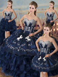 Suitable Floor Length Lace Up Quince Ball Gowns Navy Blue for Sweet 16 and Quinceanera with Embroidery and Ruffles