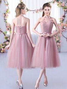 Sexy Pink Halter Top Neckline Appliques and Belt Quinceanera Court Dresses Sleeveless Lace Up