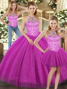Discount Fuchsia Three Pieces Tulle Halter Top Sleeveless Beading Floor Length Lace Up Vestidos de Quinceanera