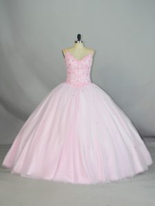 Baby Pink Tulle Lace Up Quinceanera Gowns Sleeveless Floor Length Beading and Lace