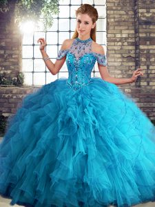 Charming Floor Length Lace Up Ball Gown Prom Dress Blue for Military Ball and Sweet 16 and Quinceanera with Beading and Ruffles