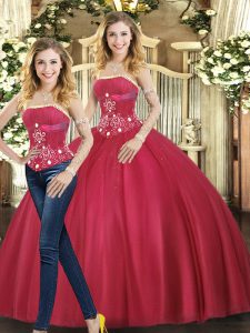 Floor Length Lace Up Sweet 16 Dresses Red for Sweet 16 and Quinceanera with Beading