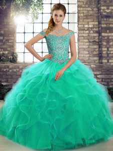 Pretty Turquoise Lace Up Quinceanera Gowns Beading and Ruffles Sleeveless Brush Train