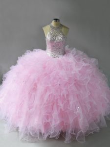 Sophisticated Pink Ball Gowns Halter Top Sleeveless Tulle Floor Length Lace Up Beading and Ruffles Quinceanera Gown