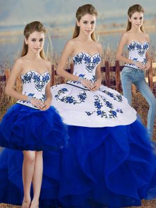 Traditional Royal Blue Sweetheart Lace Up Embroidery and Ruffles and Bowknot Vestidos de Quinceanera Sleeveless