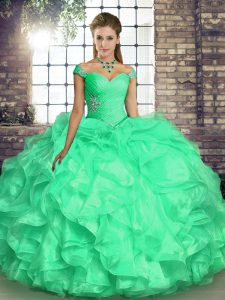 Floor Length Turquoise Quinceanera Dresses Organza Sleeveless Beading and Ruffles