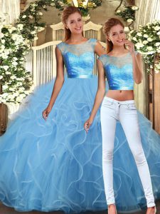 Tulle Scoop Sleeveless Backless Lace and Ruffles Sweet 16 Dresses in Baby Blue