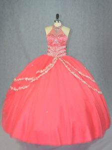 Custom Design Watermelon Red Lace Up Halter Top Beading and Ruffles Quince Ball Gowns Tulle Sleeveless