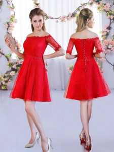 Edgy Mini Length A-line Half Sleeves Red Dama Dress Lace Up
