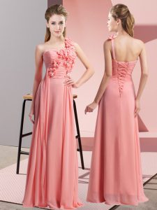 Suitable Watermelon Red Empire Chiffon One Shoulder Sleeveless Hand Made Flower Floor Length Lace Up Quinceanera Court of Honor Dress
