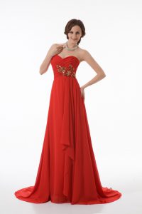 Chiffon Sweetheart Sleeveless Brush Train Zipper Appliques and Ruching Prom Gown in Red